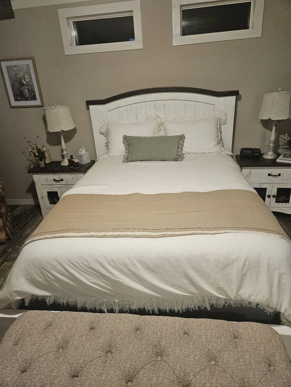 White Bedspread.Tan Throw with Green Accent Pillow.